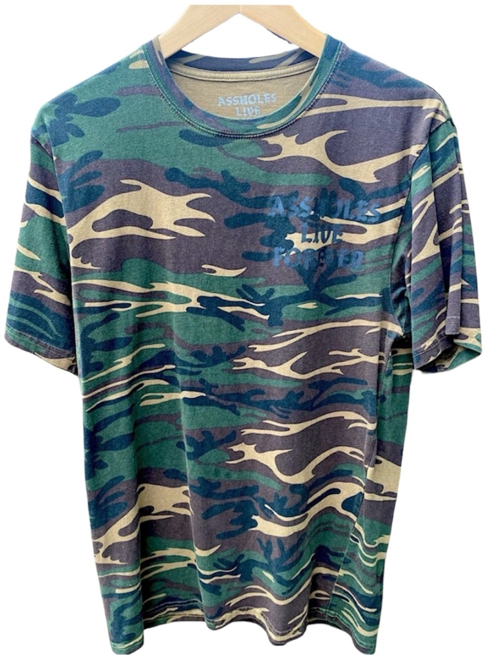 Linda Finegold Camo “Assholes Live Forever” T Shirt - Medium
